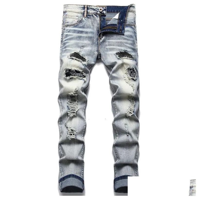 Men`S Jeans Men S Jeans Retro Blue Ripped Trendy Stretch Slim Pants High Quality Versatile Male Trousers Fashion Printed Cat Beard 230 Dhszu