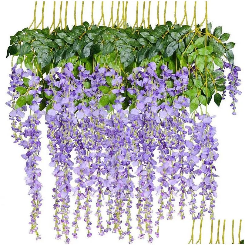 Decorative Flowers & Wreaths 12Pcs Set Wisteria Vine Fake Flower Artificial Hanging Flowers For Home Garden Wedding Birthday Christmas Dhmb1