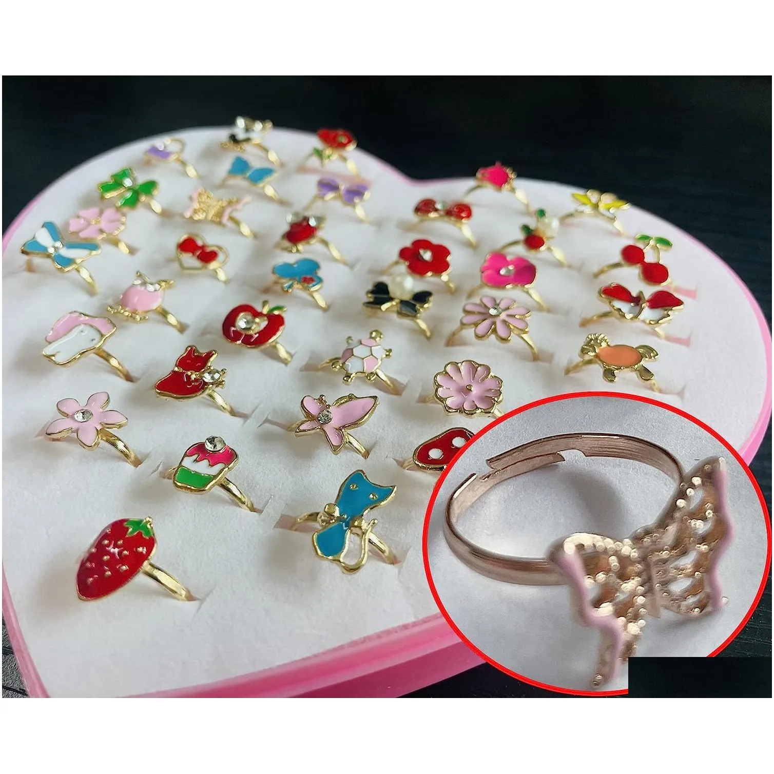 36pcs little girl jewel rings in box adjustable no duplication children girls kids pretend play costume princess dress up jewelry party favors