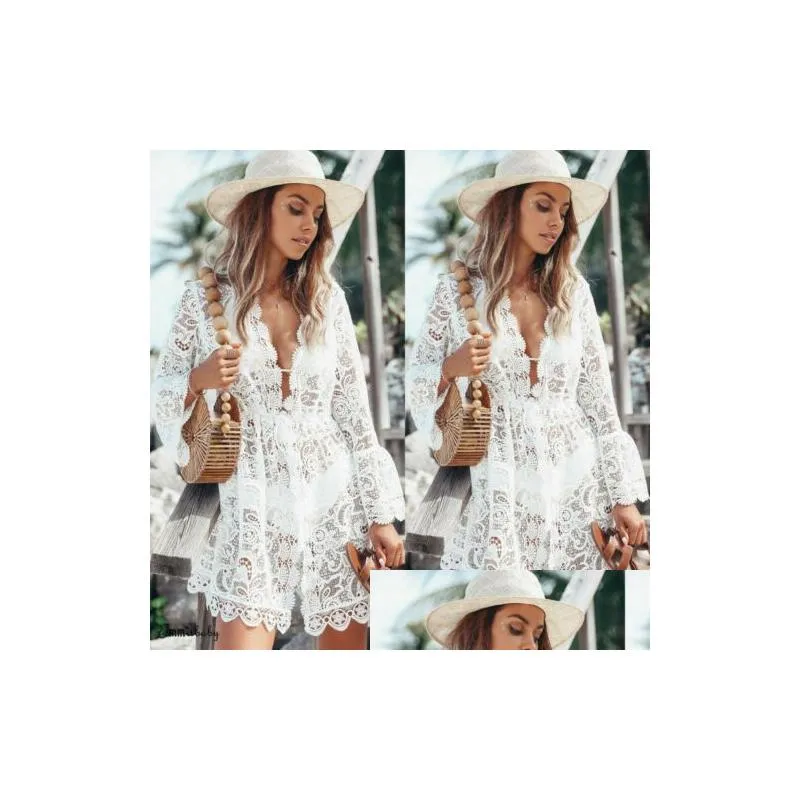 Basic & Casual Dresses New Summer Women Bikini Er Up Floral Lace Hollow Cloghet Swimsuit Er-Ups Bathing Suit Beachwear Tunic Beach Dre Dh7Ry