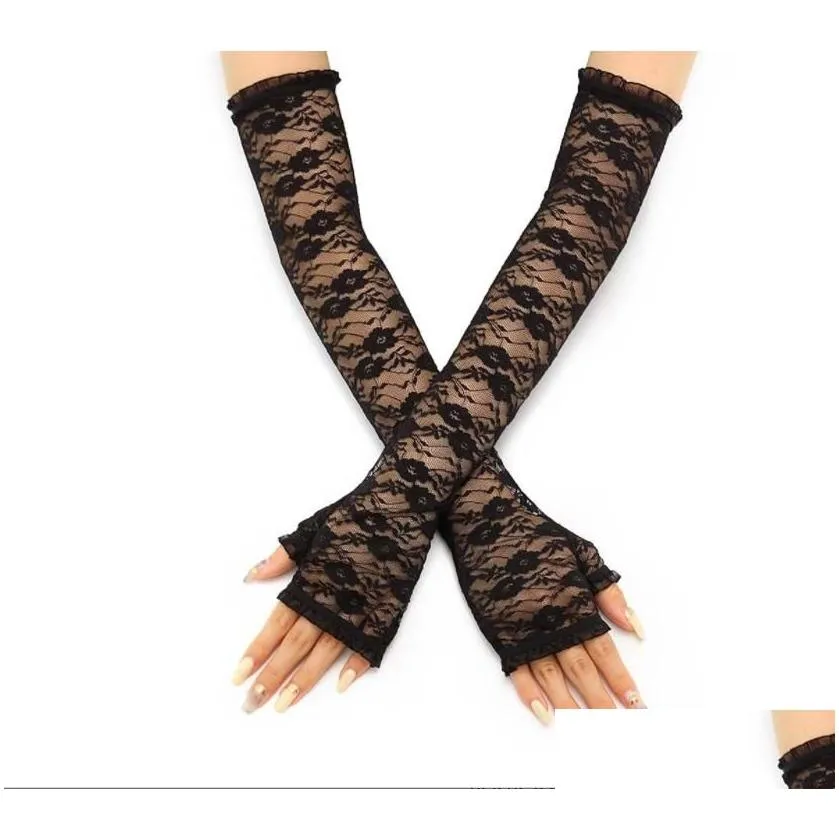 Costume Accessories 20S Lace Fingerless Long Gloves Costume Accessories Black Floral Opera Party 1920S Flapper Glove For Women Girls R Dhyl3