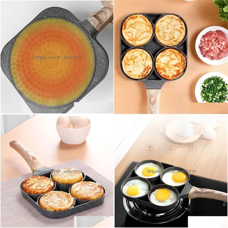 Pans 4 Hole Omelet Pan For Burger Eggs Ham Pancake Maker Wooden Handle Frying Pot Non-Stick Cooking Breakfast 201223 Home Garden Kitch Dhqbe