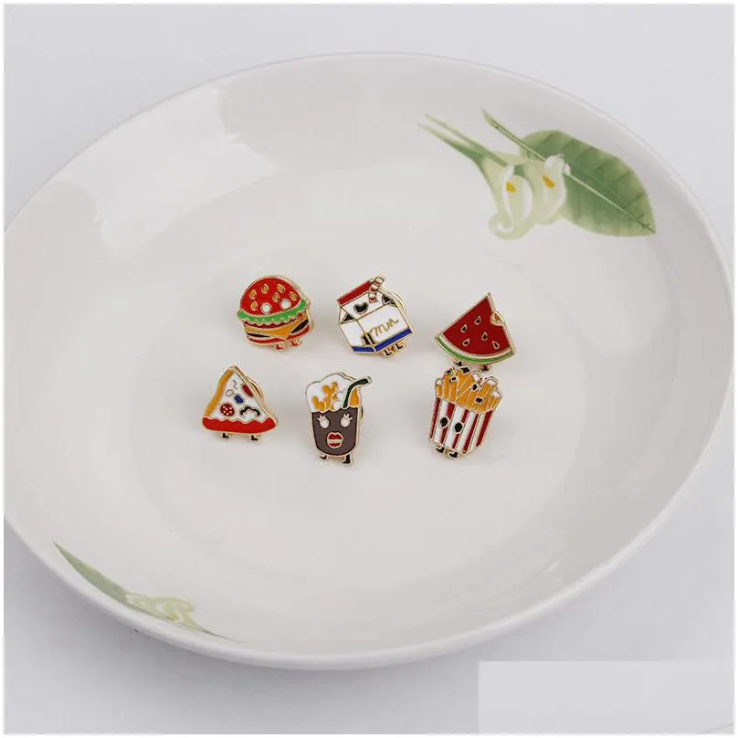 Pins, Brooches Children Cartoon Enamel Brooch Pins Watermelon Milk Burger Cola French Fries Pizza Creative Lapel Brooches For Kid Fash Dhdgv