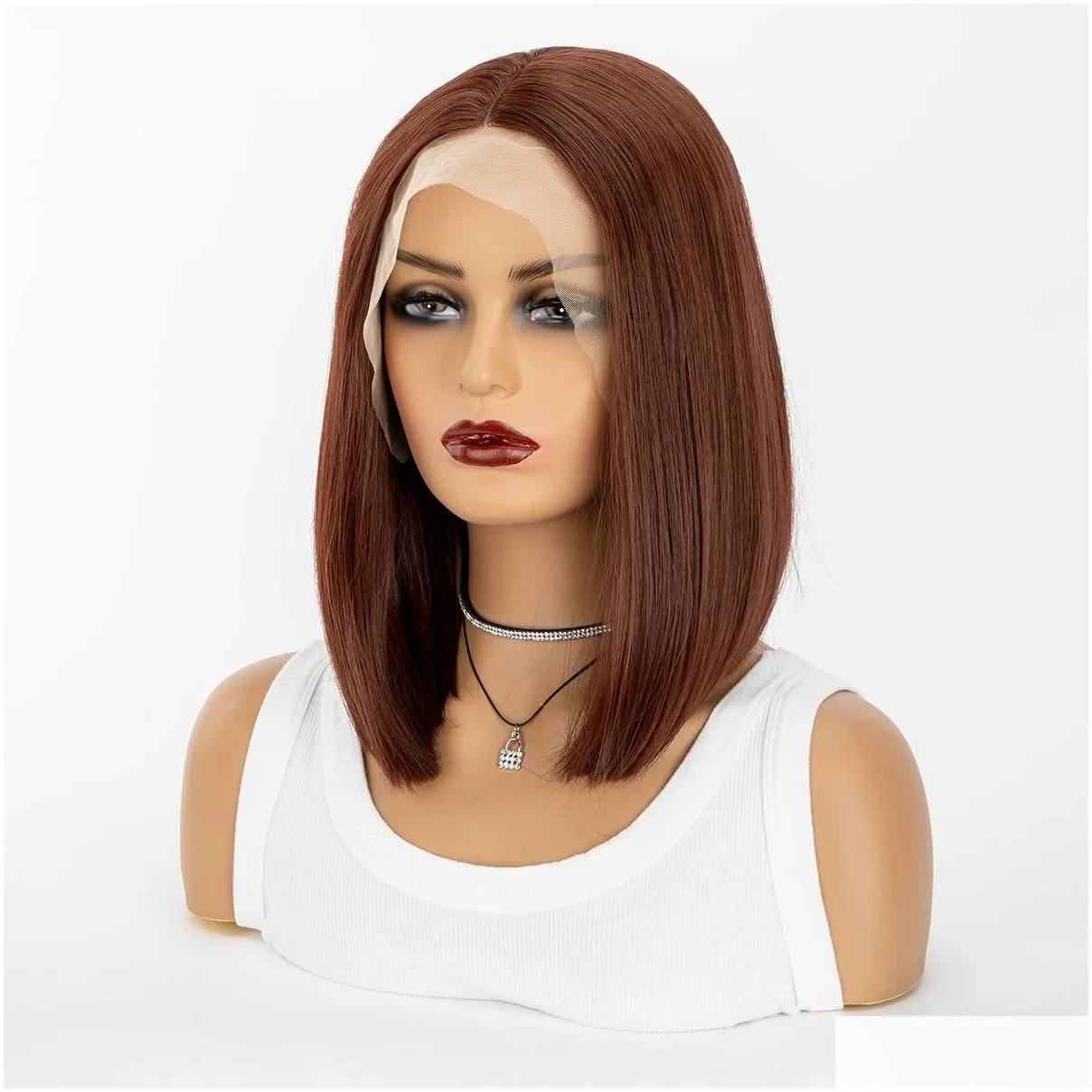 Lace Wigs Wig Woman Black Short Straight Hair Middle Divided Bobo Wave Head High Temperature Silk Chemical Fiber Front Hood Drop Del Dhxla