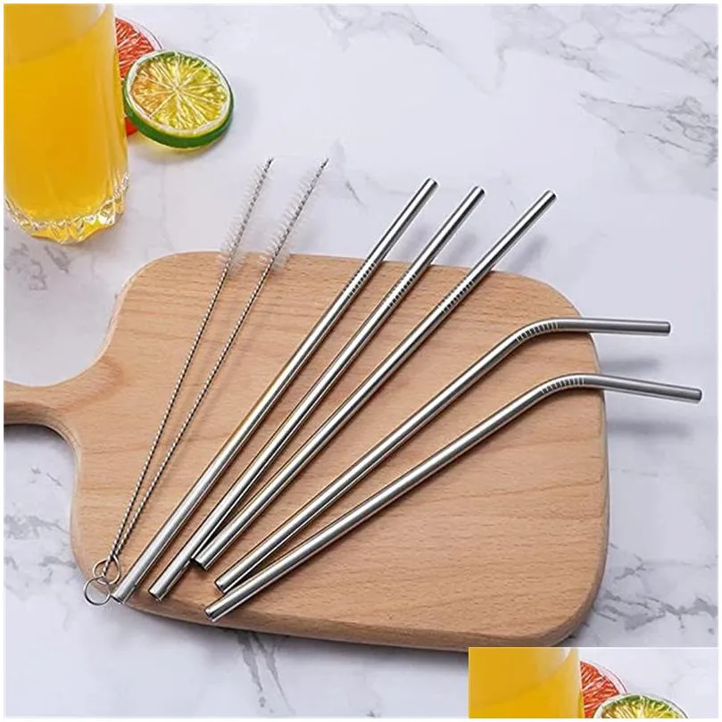 Drinking Straws 6X266Mm Stainless Steel Drinking Sts Reusable Colorf Metal St Cleaning Brush For Party Wedding Bar Home Garden Kitchen Dhj3Y