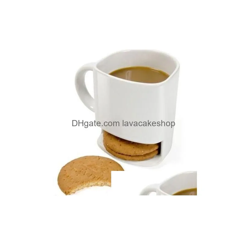 Mugs Ceramic Mug White Coffee Tea Biscuits Milk Dessert Cup Side Cookie Pockets Holder For Home Office 250Ml Kka3109 Home Garden Kitch Dhlzz