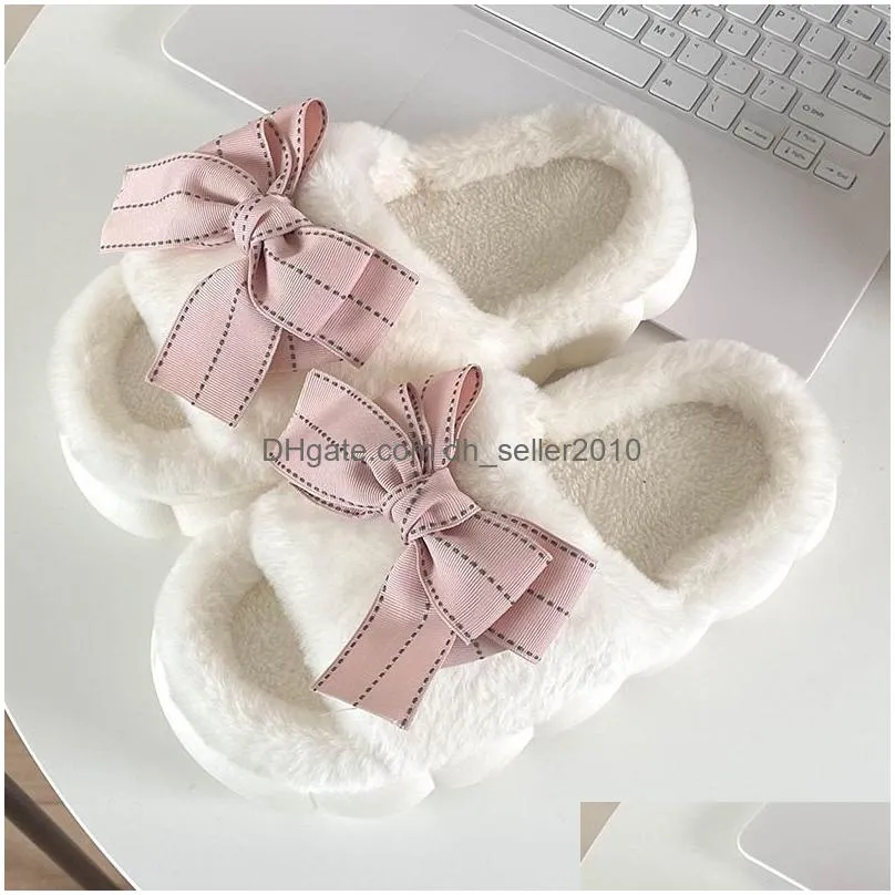 Home Shoes Home Shoes Winter Kawaii Princess Ladies Thicksoled House Fur Slippers Opentoe Bedroom Cute Big Bow Pattern Women Fluffy Sl Dhzxq