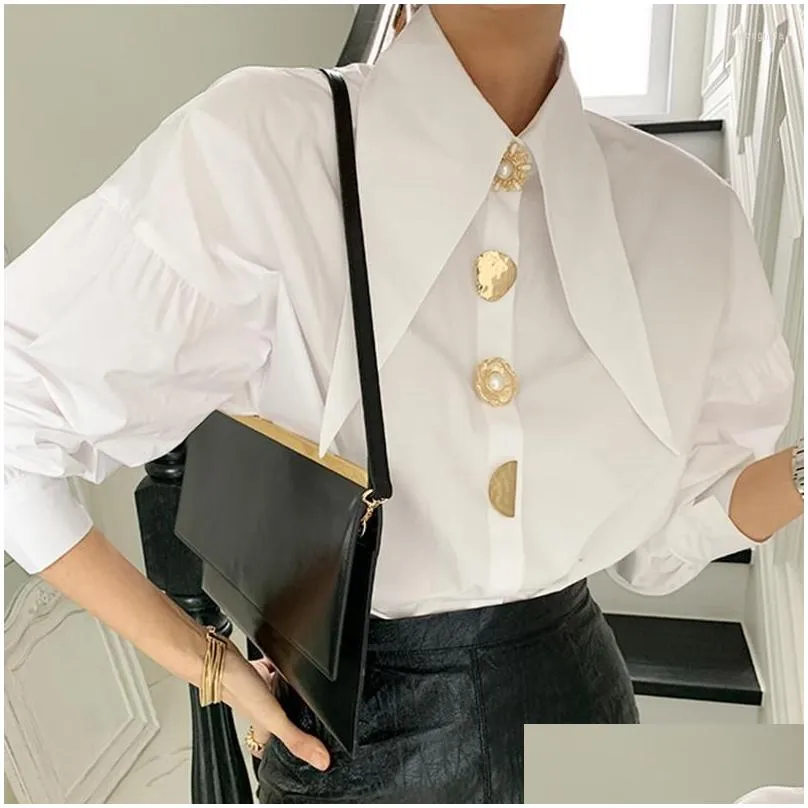 Women`S Blouses & Shirts Womens Blouses Designer Metal Buttons Spring Blouse Women Lantern Sleeve White Shirts Tops Turn Down Collar K Dhhlq