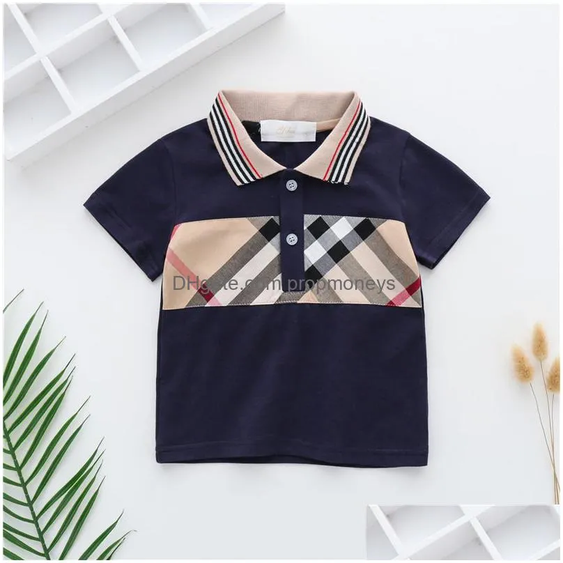 baby boys girls plaid t-shirts summer kids short sleeve tshirt turn-down collar children cotton shirt child tops tees 2-7 years