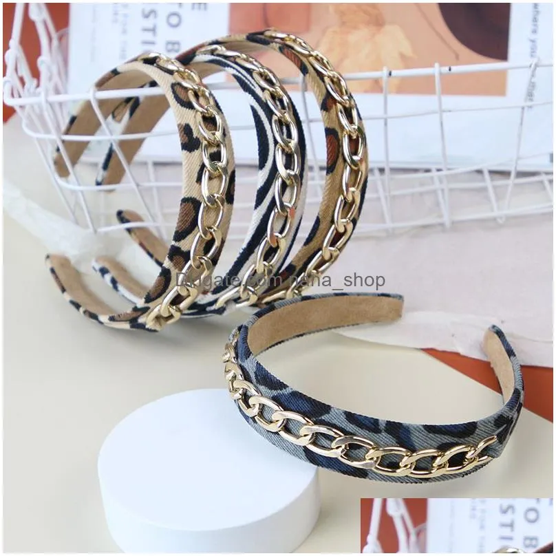 Hair Accessories Fashion Alloy Chain Leopard Hairband Women Headband Vintage Braided Wide Side Knotted Hair Hoop Band Girls Accessorie Dhpej