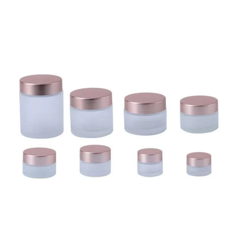 Packing Bottles Wholesale Frosted Clear Glass Face Cream Bottle Cosmetic Jar Lotion Lip Balm Container With Rose Gold Lid 5G 10G 15G 2 Dhkji