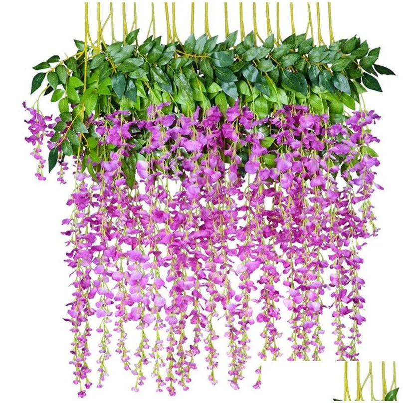 Decorative Flowers & Wreaths 12Pcs Set Wisteria Vine Fake Flower Artificial Hanging Flowers For Home Garden Wedding Birthday Christmas Dhmb1
