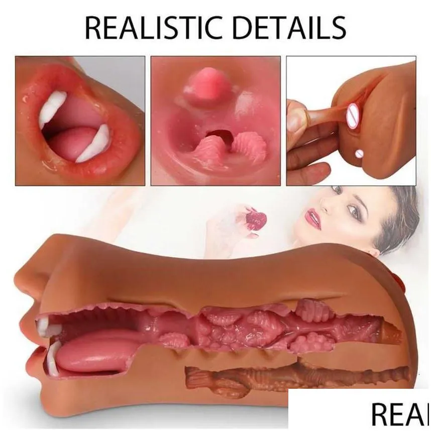  massager realistic vagina 3 in 1 oral mouth artificial deep throat toy for men silicone tongue teeth pocket pussy males