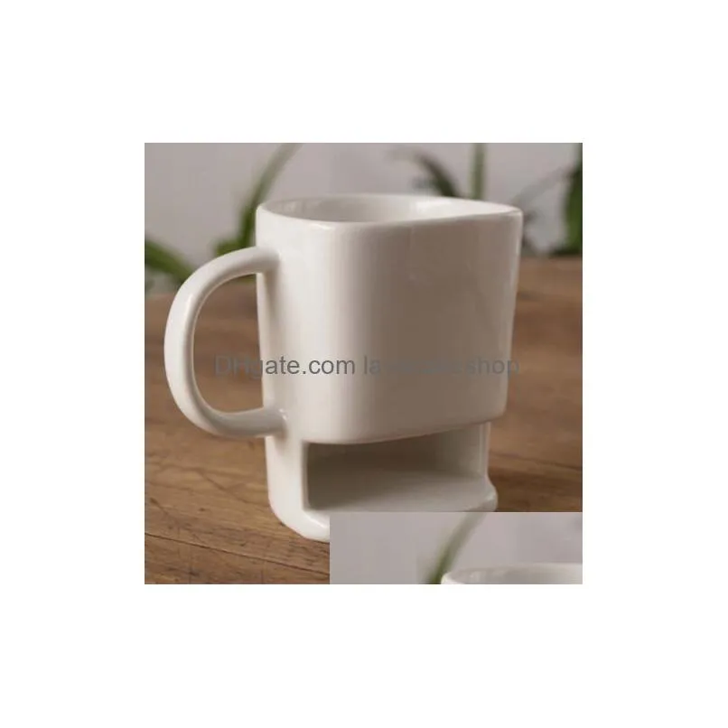 Mugs Ceramic Mug White Coffee Tea Biscuits Milk Dessert Cup Side Cookie Pockets Holder For Home Office 250Ml Kka3109 Home Garden Kitch Dhlzz