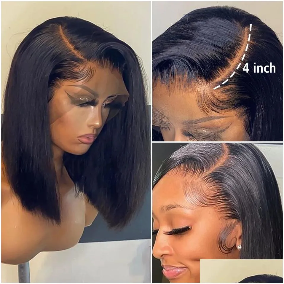 Synthetic Wigs Bob Wig Lace Front Brazilian Human Hair Wigs For Black Women Pre Plucked Short Natural 13X4 Synthetic Straight Hd Fl Fr Dhzh9