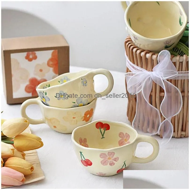 Mugs Mugs Ceramic Coffee Cups Hand Pinched Irregar Flower Milk Tea Cup Ins Korean Style Oatmeal Breakfast Mug Drinkware Kitchen Home G Dhi53