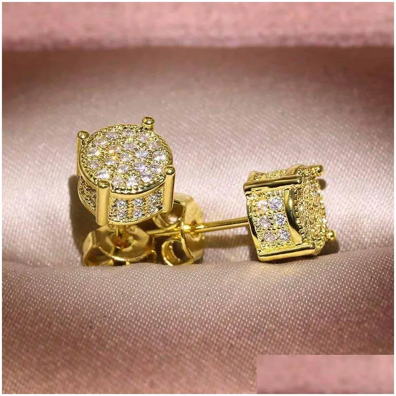 Stud Uni Men Women Earrings Studs Yellow White Gold Plated Sparkling Cz Simated Diamond For Jewelry Earrings Dh9Mf
