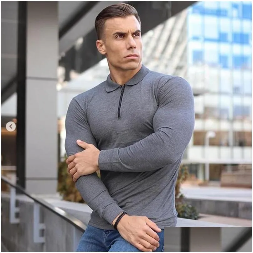 Men`S Polos Mens Spring Solid Shirt Long Sleeve Slim Fit S Fashion Streetwear Tops Men Cotton Fitness Sports Casual Golf Shirts Appare Dhjxt