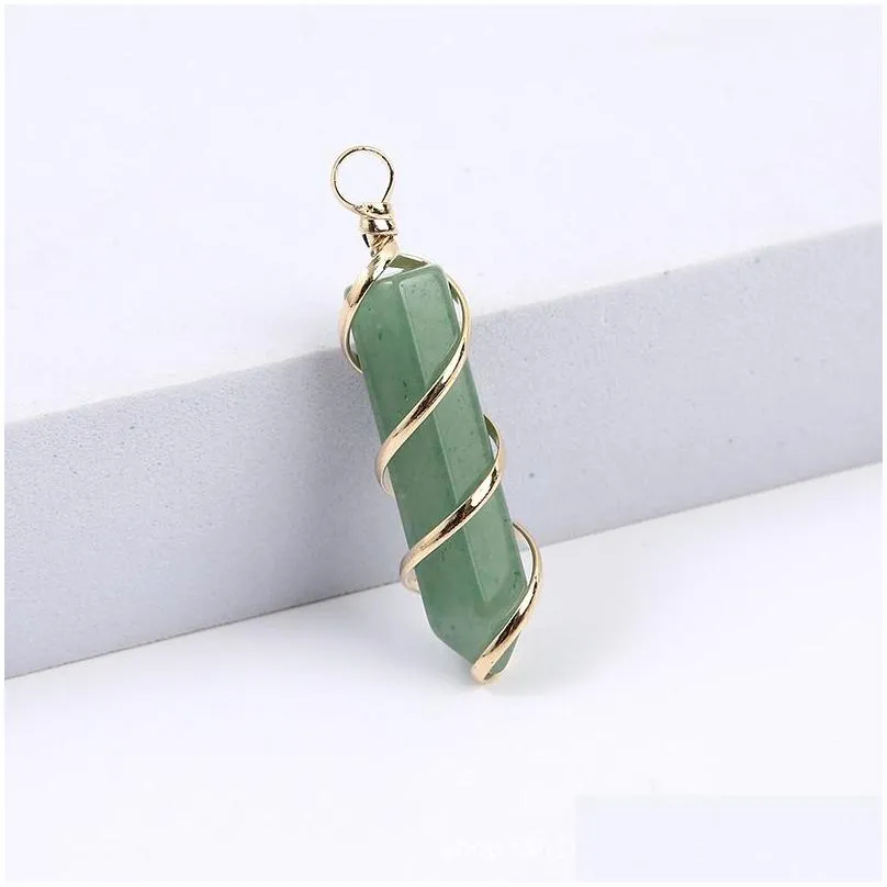 gold wire wrap natural stone charms green pillar bullet shape chakra pendants for jewelry making wholesale handmade craft bulk