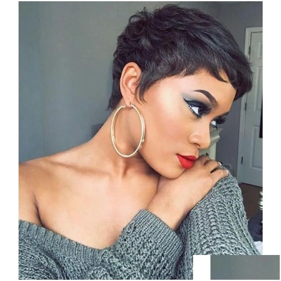 brazilian wavy short human hair wig for black women natural color /ombe blonde pixie cut lace front wig with bangs