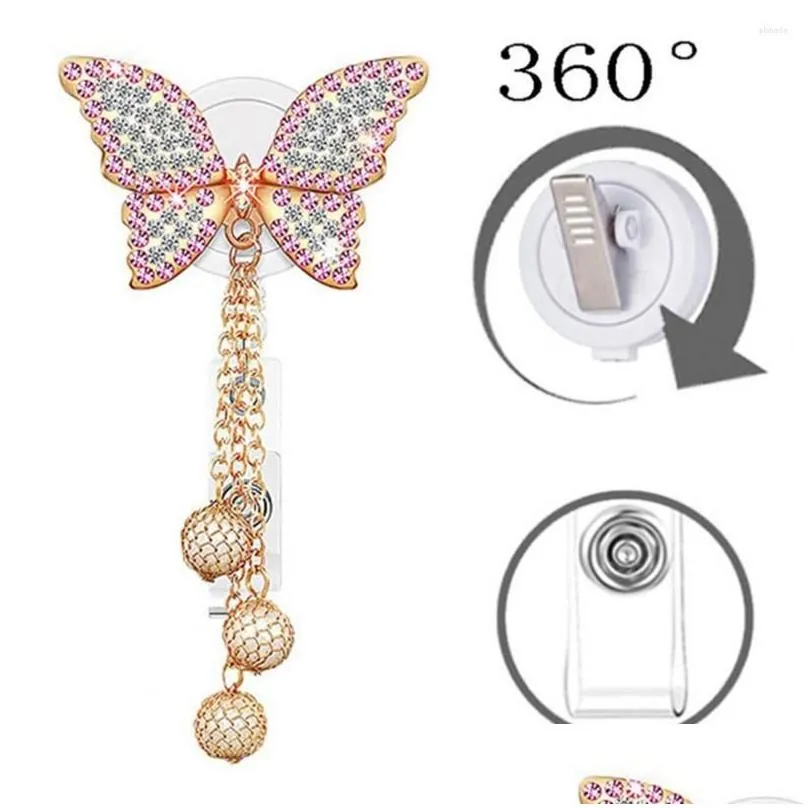 Pins, Brooches Brooches Id Badge Holder With Clip Heavy Duty Retractable Fancy Rhinestone Butterflies Reel Fashion Jewelry Jewelry Dhwwj