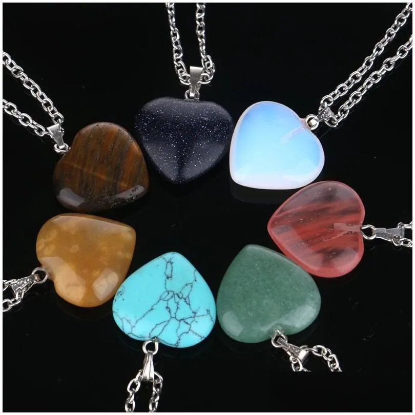 fashion natural stone hexagonal prism heart druzy necklace for women turquoise crystal pendant necklace with stainless steel chain