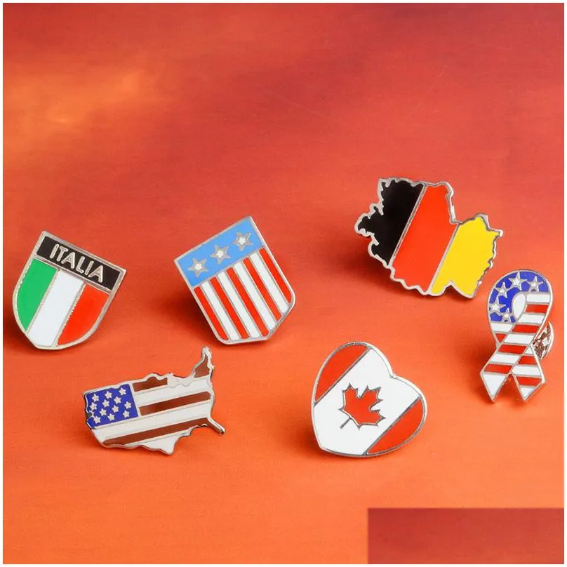 Pins, Brooches National Flags Enamel Brooches Canadian American German Italian Flag Lapel Pin Button Clothes Collar Brooch Badge Fashi Dhv6Q