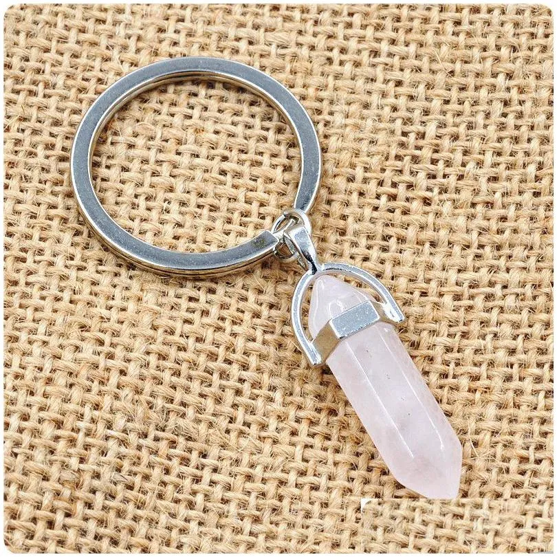 Keychains & Lanyards Bk Natural Stone Keychains Hexagonal Prism Quartz Point Healing Crystals Chakra Key Chains Diy Jewelry Accessorie Dh7S3