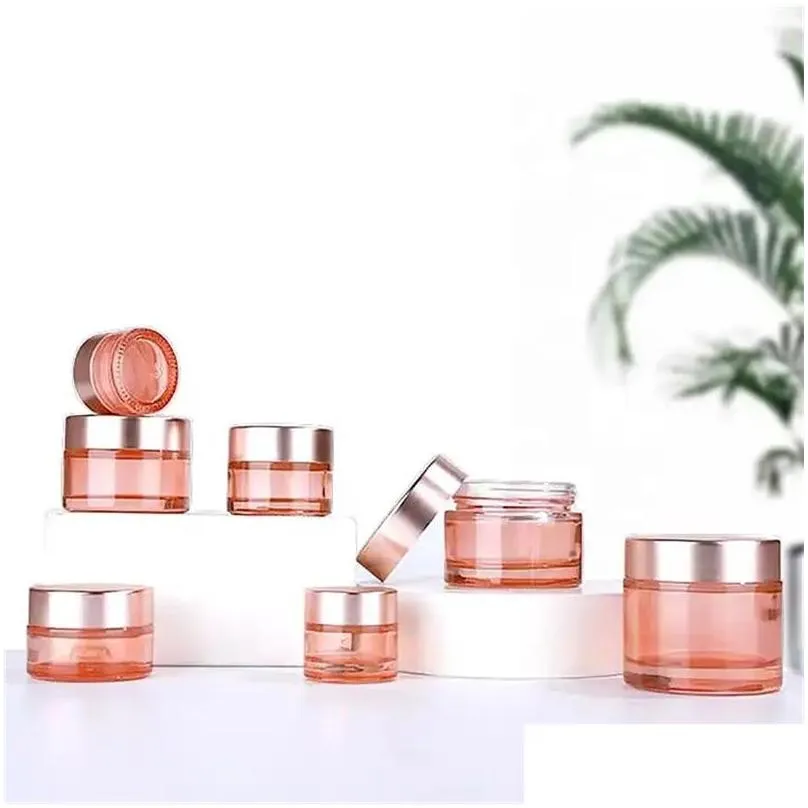 Cosmetic Jar Wholesale Pink Glass Jar Empty Makeup Cream Jars Travel Sample Container Bottles With Inner Liners And Rose Gold Lids For Dhcj8