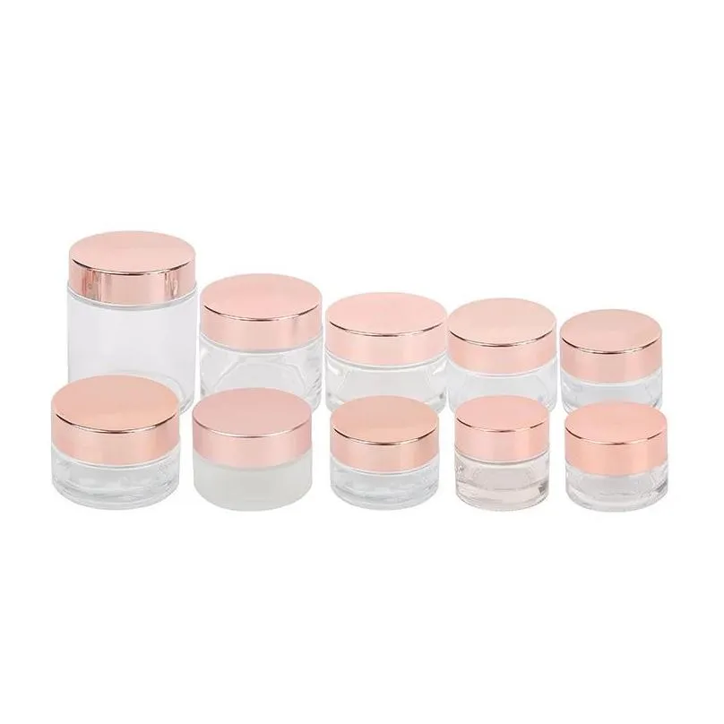 Packing Bottles Wholesale Frosted Clear Glass Face Cream Bottle Cosmetic Jar Lotion Lip Balm Container With Rose Gold Lid 5G 10G 15G 2 Dhkji