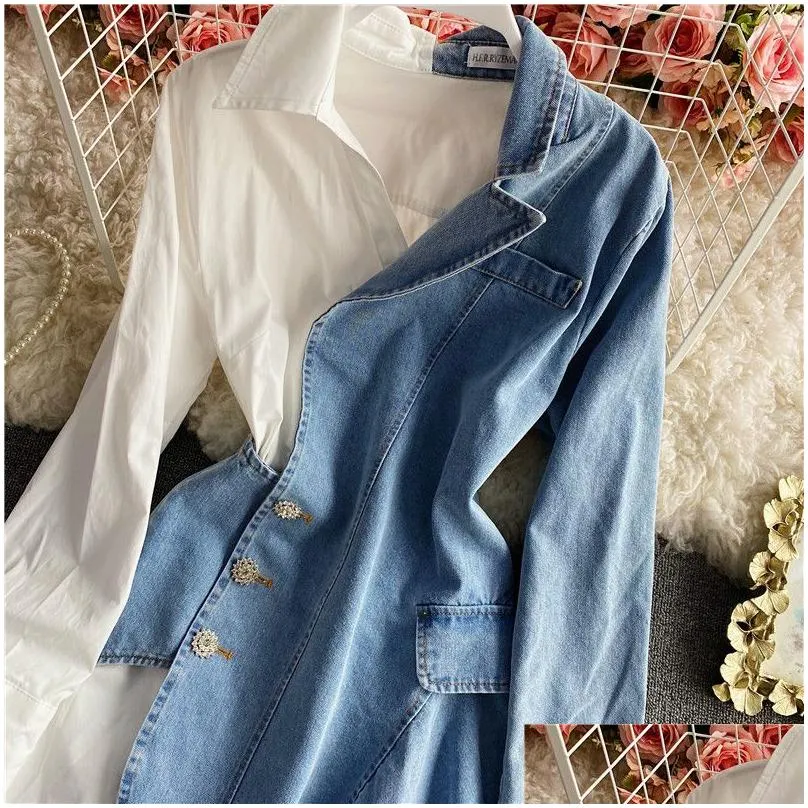 Basic & Casual Dresses Fashion Irregar Casual Dresses Denim Patchwork Vestidos Femmeturn-Down Collar Long Sleeve Robe Female Suit Shir Dh8So