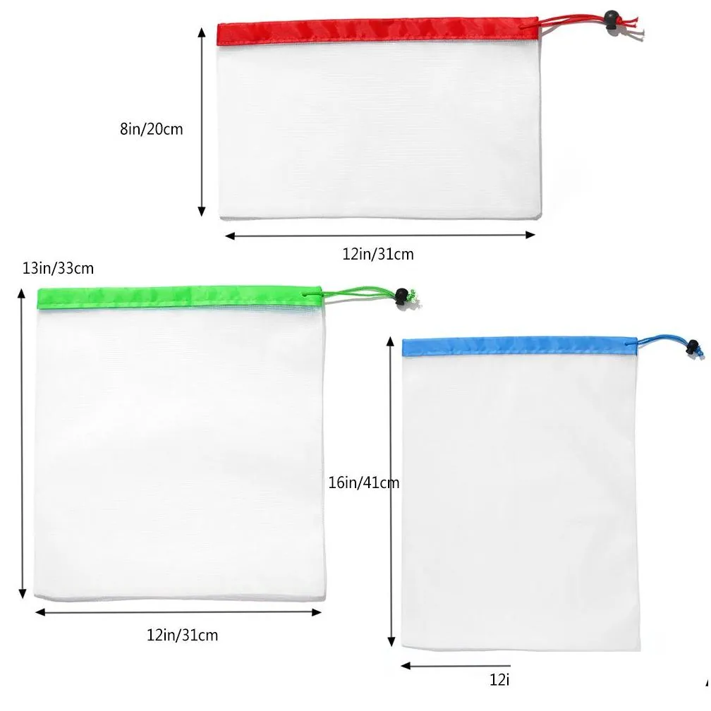 Storage Bags Reusable Mesh Produce Bags 12Pcs Fruit Vegetable Double Stitched Dstring For Home Shop Storage Home Garden Housekeeping O Dhc7T