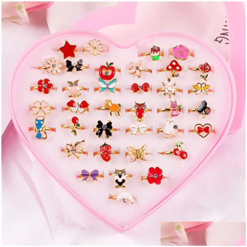 36pcs little girl jewel rings in box adjustable no duplication children girls kids pretend play costume princess dress up jewelry party favors