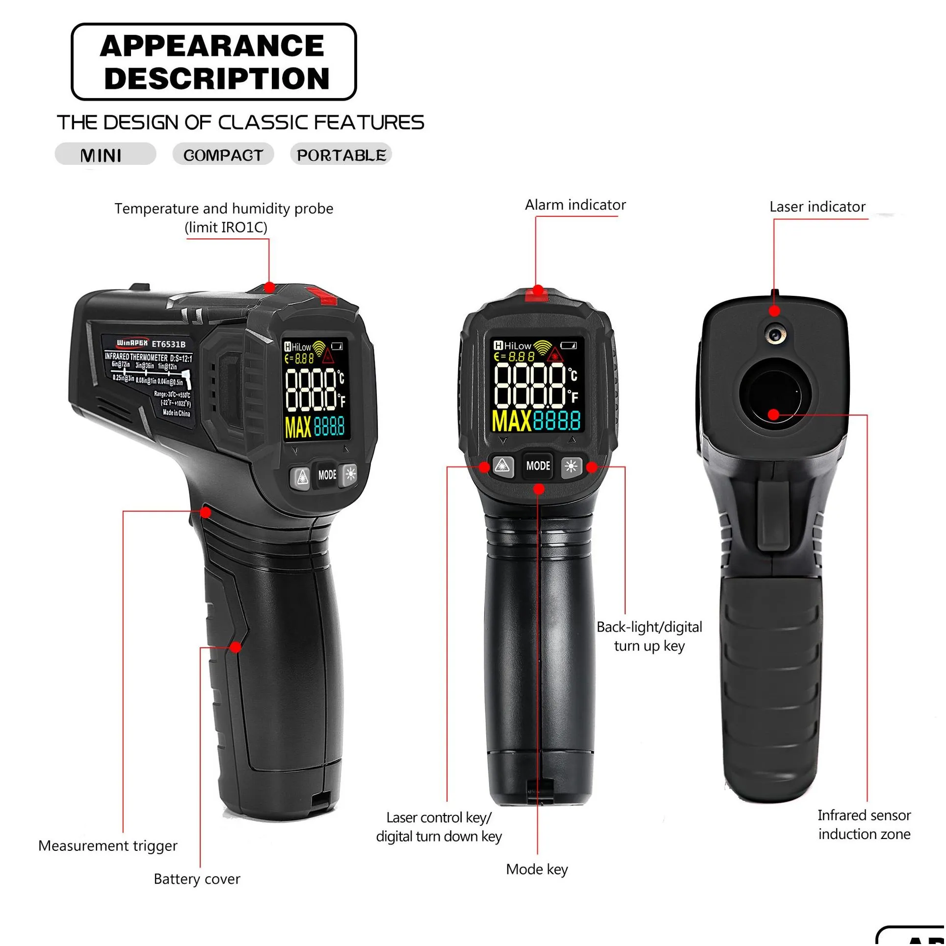 wholesale lcd screen digital thermometer handheld infrared thermometer laser thermometer hypothermia pyrometer -50600 degrees celsius 