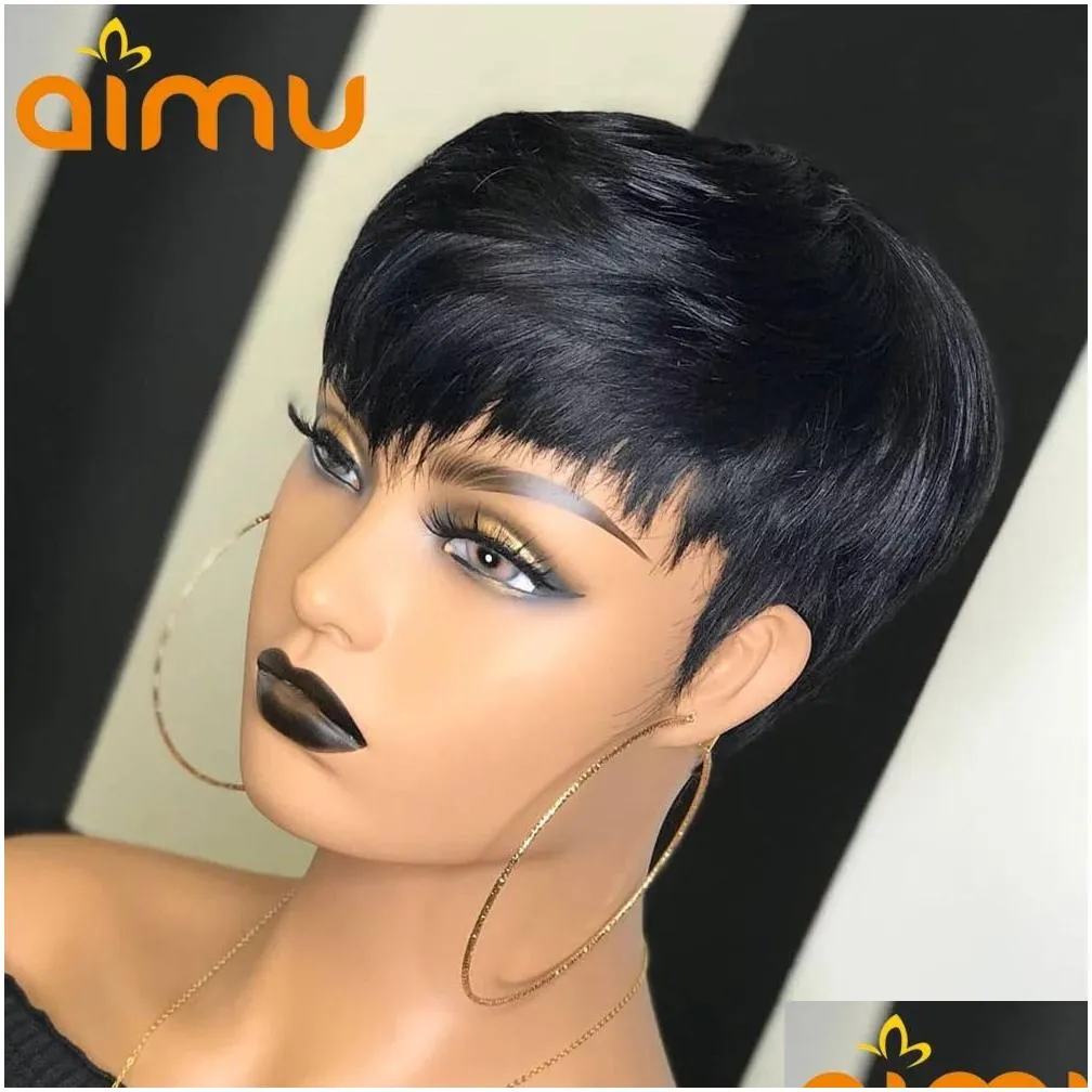 brazilian wavy short human hair wig for black women natural color /ombe blonde pixie cut lace front wig with bangs