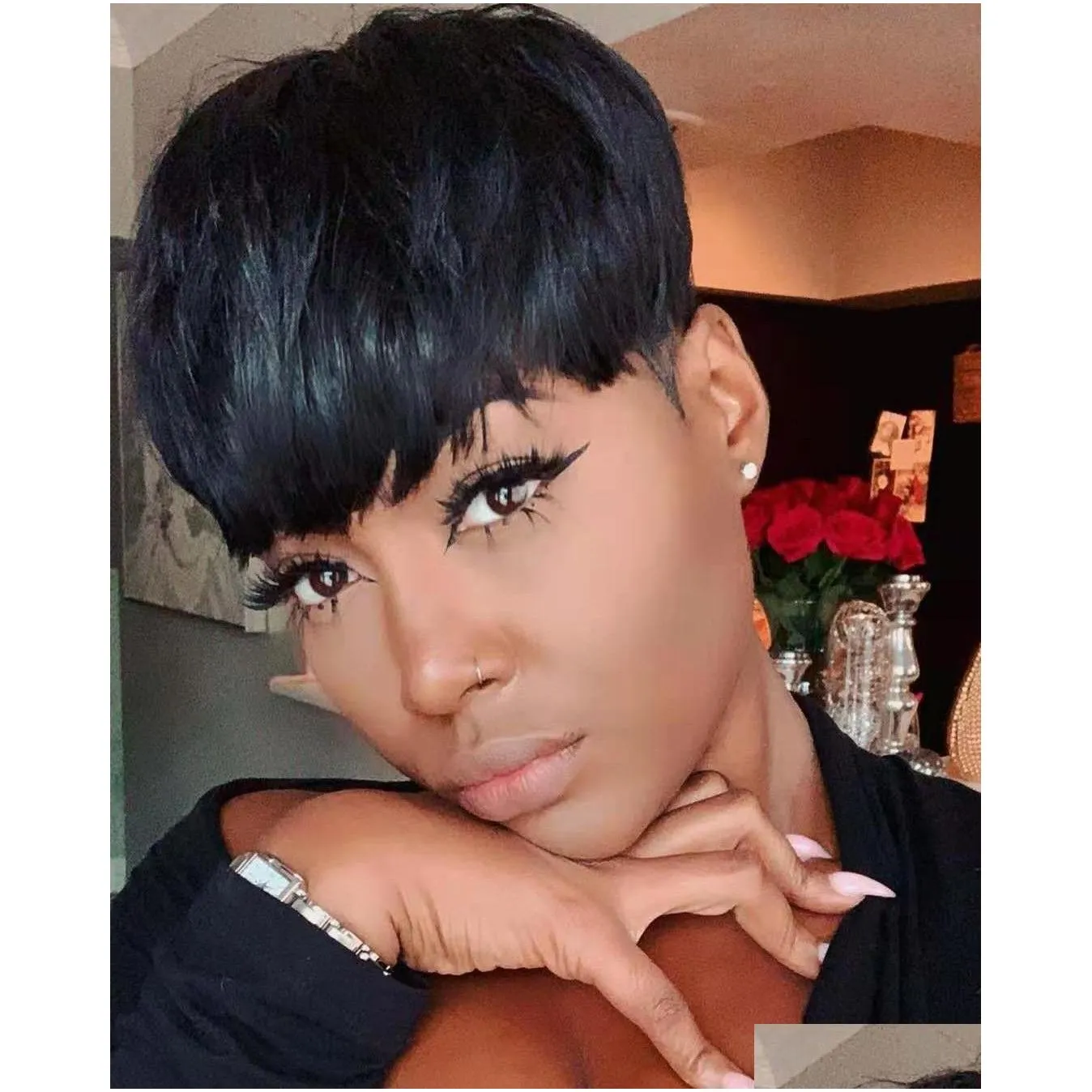 brazilian wavy short human hair wig for black women natural color /ombe blonde pixie cut lace front wig with bangs