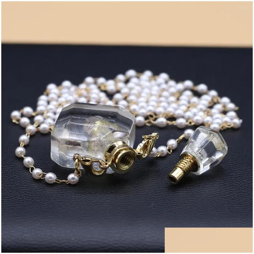 Pendant Necklaces Pendant Necklaces Natural Clear Quartzs Per Bottle Necklace Ashes Vial Stone Essential Oil Diffuser Pearl Bead Chain Dh8Zr