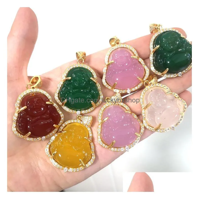 Pendant Necklaces Jewelry Ins Factory Whole Natural S925 Sier Maitreya Agate Ladies Cz Pink Jade Buddha Pendant Necklace4977814 Jewelr Dhex7