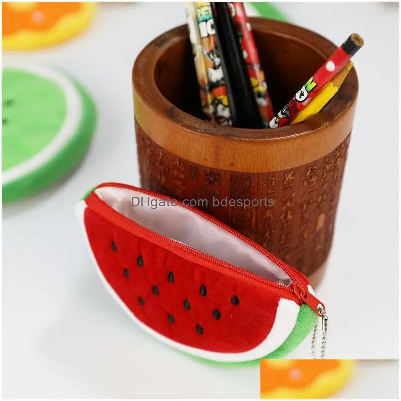 Pencil Cases Wholesale Fruits Pencil Cases Plush Coin Purse Children Zip Small Change Purses Wallet Women Pouch Money Bags Office Scho Dhog5