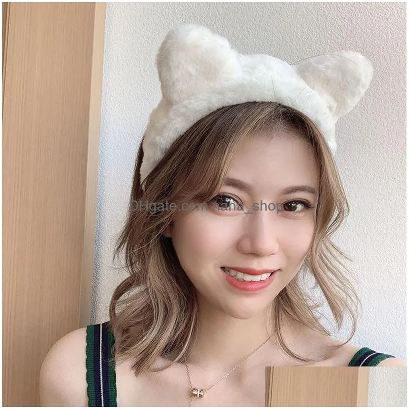 Hair Accessories Lovely Cat Ear Plush Hairband Women Face Wash Wide Headband Solid Color Hair Hoop Band Girls Accessories Hair Product Dhjjb