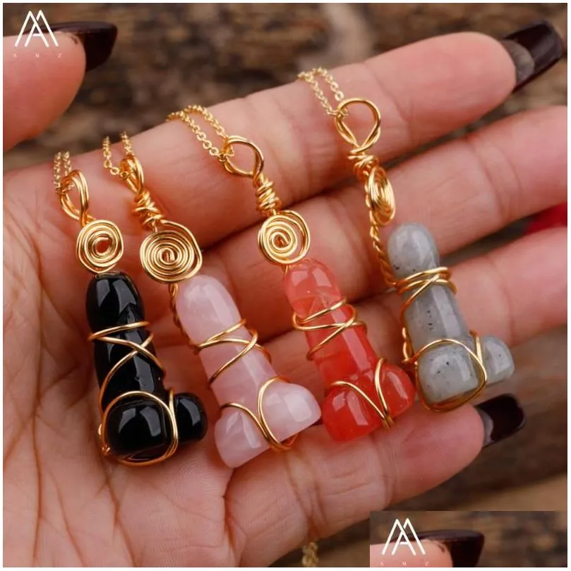Chains Chains Carved Gemstone Penis Pendant For Women Wire Wrapped Healing Crystal Necklace Chakra Stone Spiritual Jewelry Giftchains Dhawv