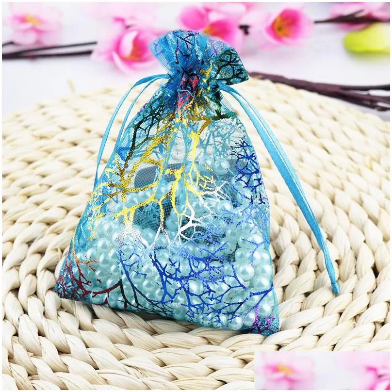 Jewelry Pouches, Bags 100Pcs/Lot 7X9Cm Transparent Bronzing Organza Jewelry Dstring Bag Wedding Favors Party Packaging Pouch Decoratio Dhfai