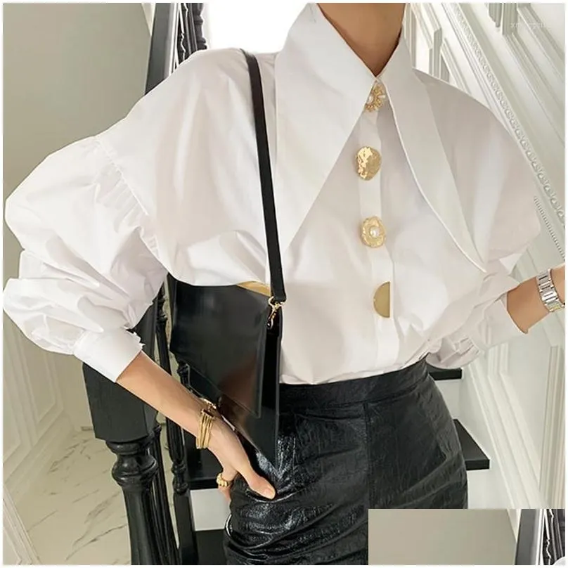 Women`S Blouses & Shirts Womens Blouses Designer Metal Buttons Spring Blouse Women Lantern Sleeve White Shirts Tops Turn Down Collar K Dhhlq