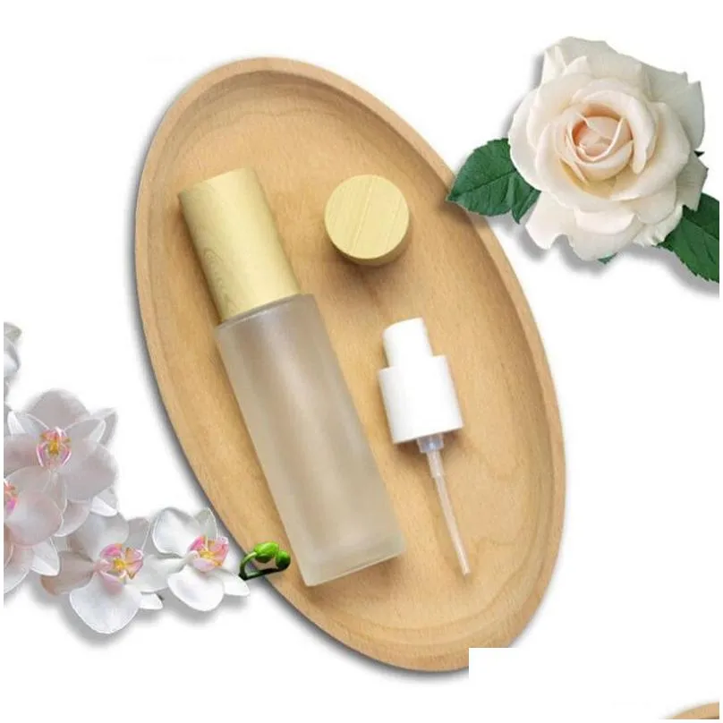 Packing Bottles Wholesale Frosted Glass Bottle Cream Jar With Imitated Wood Lid Lotion Spray Pump Bottles Portable Cosmetic Container Dhmwm