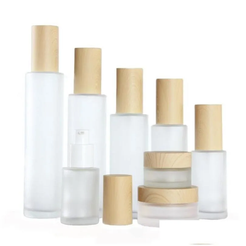 Packing Bottles Wholesale Frosted Glass Bottle Cream Jar With Imitated Wood Lids Cap Lotion Spray Pump Bottles Cosmetic Container Jars Dhu8A