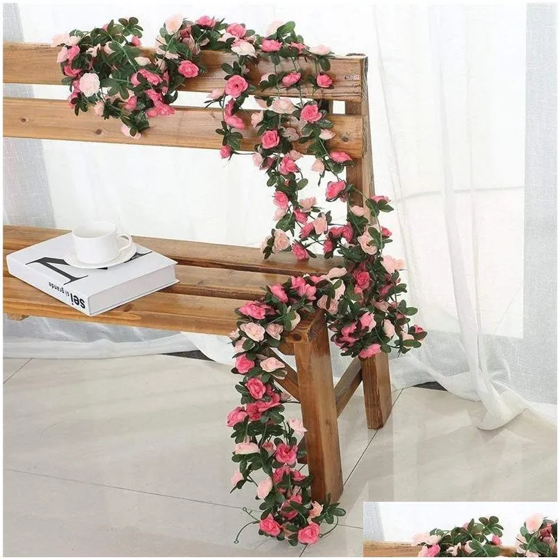 Decorative Flowers & Wreaths Artificial Rose Vine Flowers Fake Hanging Flower With Green Leaves For Wedding Ceremony Home Garden Decor Dhrhp