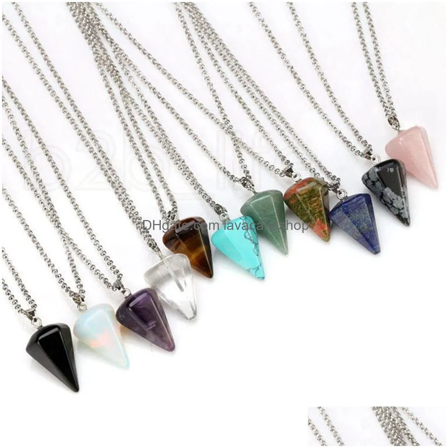 Party Favor Natural Gemstone Pendant Necklace Crystal Healing Chakra Reiki Sier Stone Hexagonal Prisme Cone Pendum Charm Necklaces 11 Dhawo