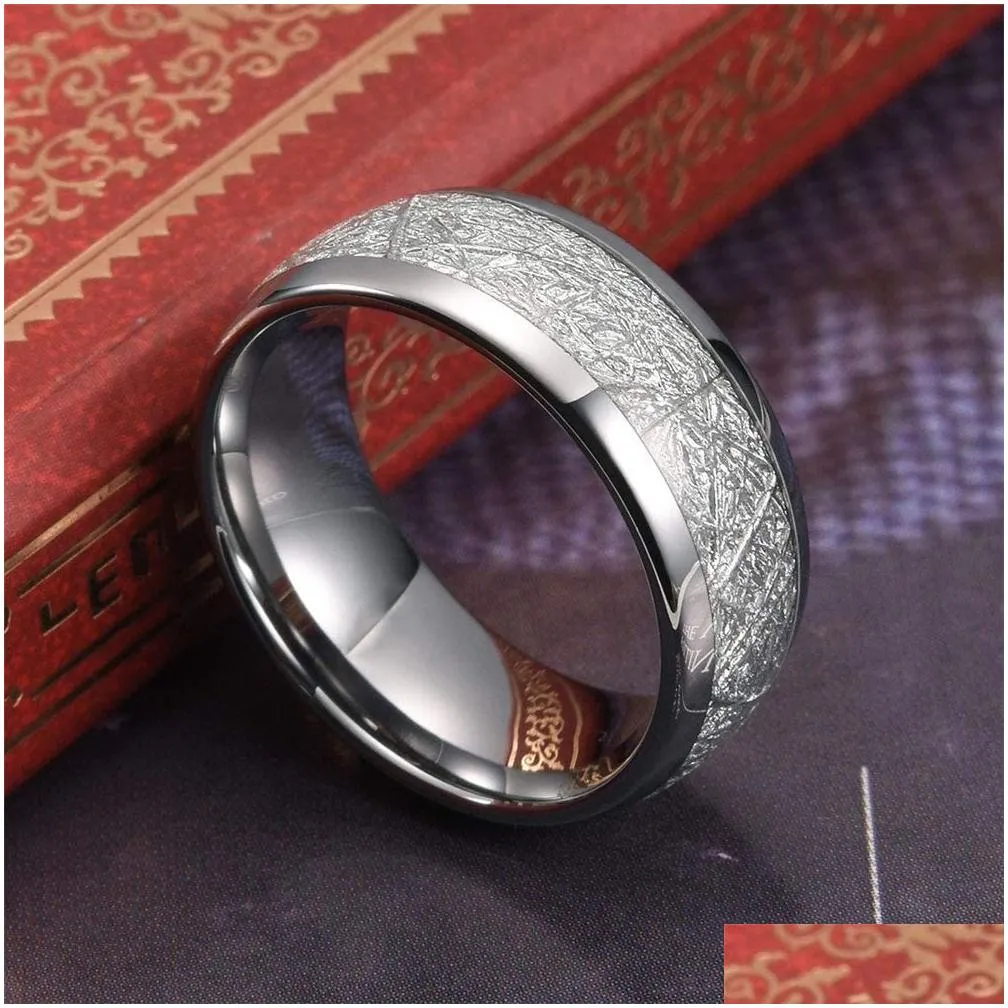 Band Rings 8Mm Tungsten Mens Ring Inlay Meteorite Sier Polished Wedding Bands 316L Stainless Steel Size 7-13184O Jewelry Ring Dhgwr