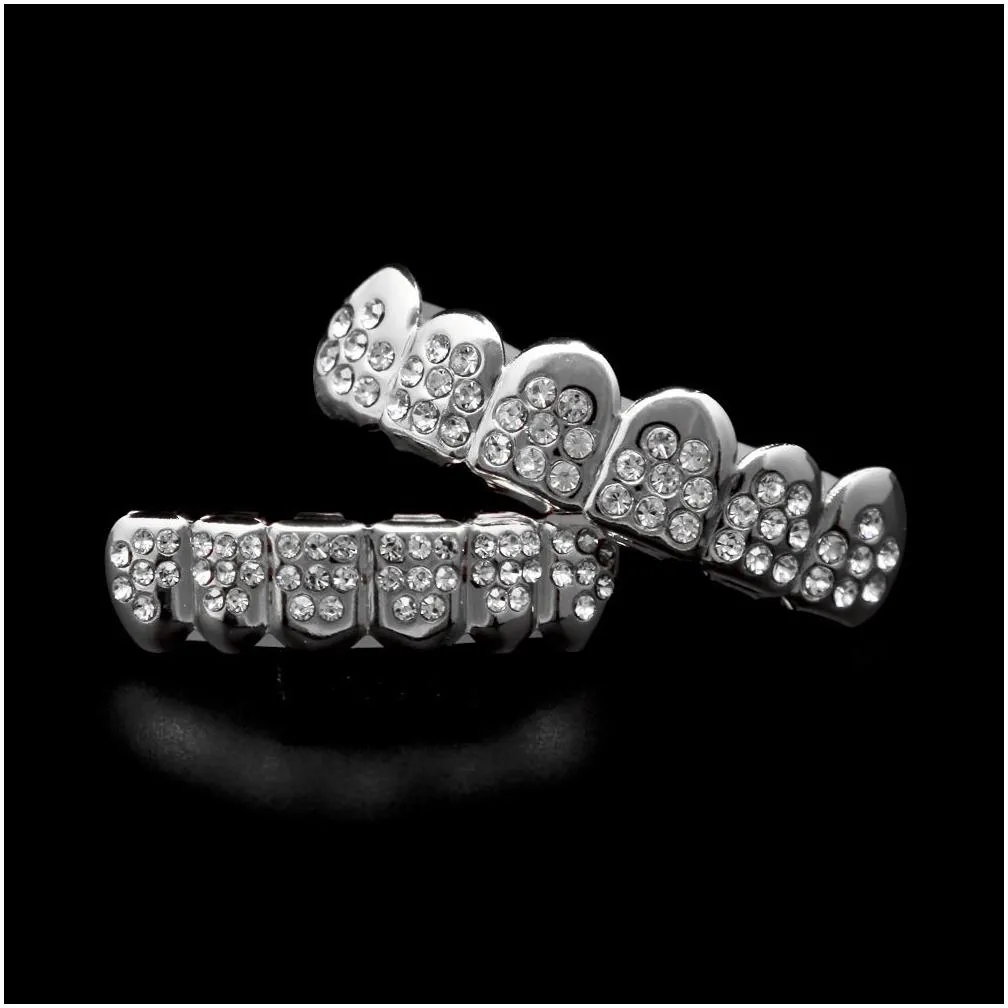 Grillz, Dental Grills Hip Hop Gold Sier 8 Diamond Teeth Grillz Set Bling Iced Out False Dental Grills For Women Men S Hiphop Body Jewe Dhf30