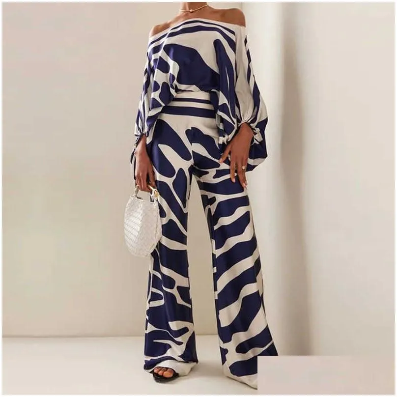 Women`S Two Piece Pants Casual Satin Commuting Suit Fashion Hollow Off Shoder Tops With Long Pants Women 2 Piece Sets 2023 Spring Loos Dh4L8